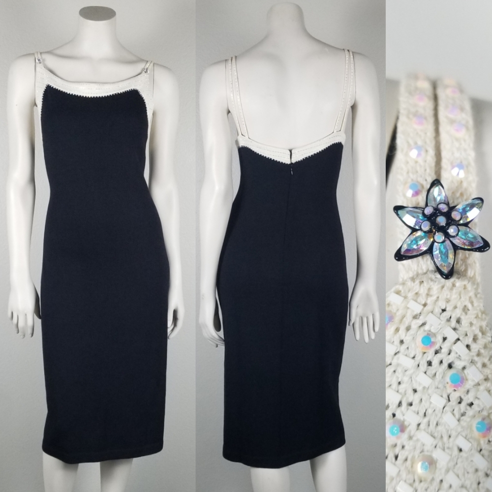 St. John Evening Spring 2002 Y2K Rhinestone Exposed Back Knit Midi Dress Size 8